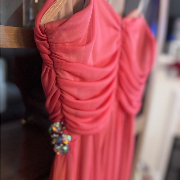 Coral Chiffon Maxi Dress w/ Jeweled Waist Strapless Formal Prom Evening Gown - Picture 4 of 6